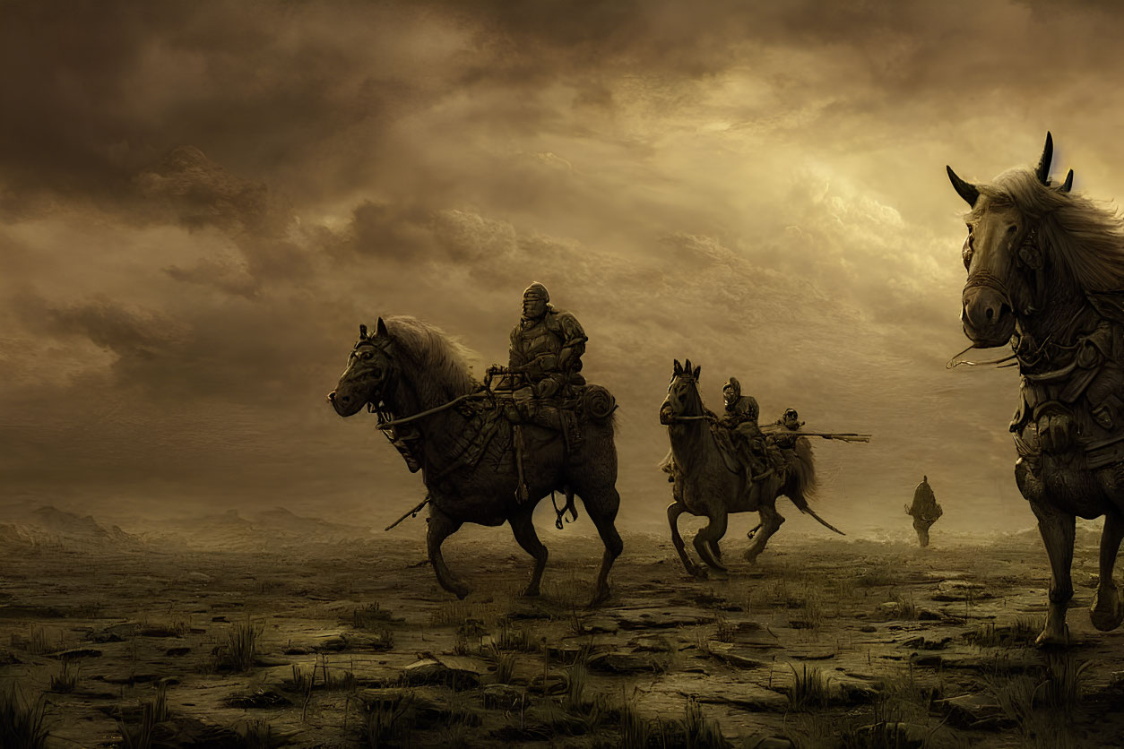 Horseback riders in dystopian landscape under stormy sky