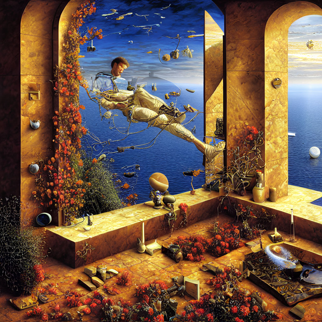 Surreal painting: Figure floating in arched doorways above water-filled room