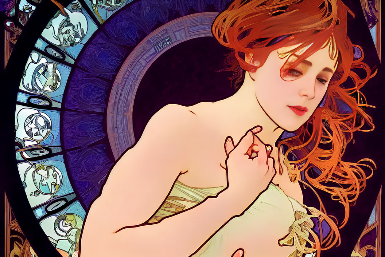 Red-haired woman in Art Nouveau style with zodiac signs background