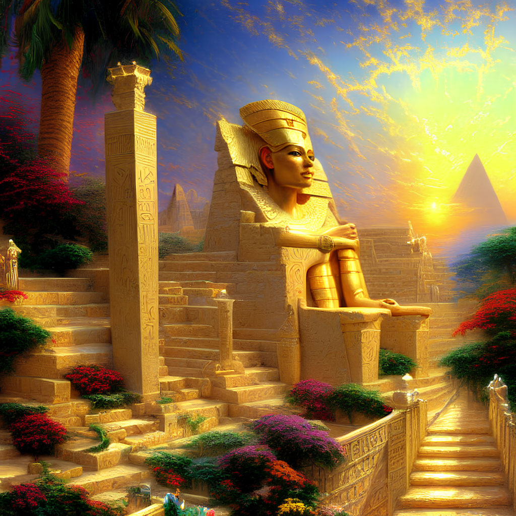 Egyptian scene with pharaoh statue, palm trees, pyramids, flowers, and sunset