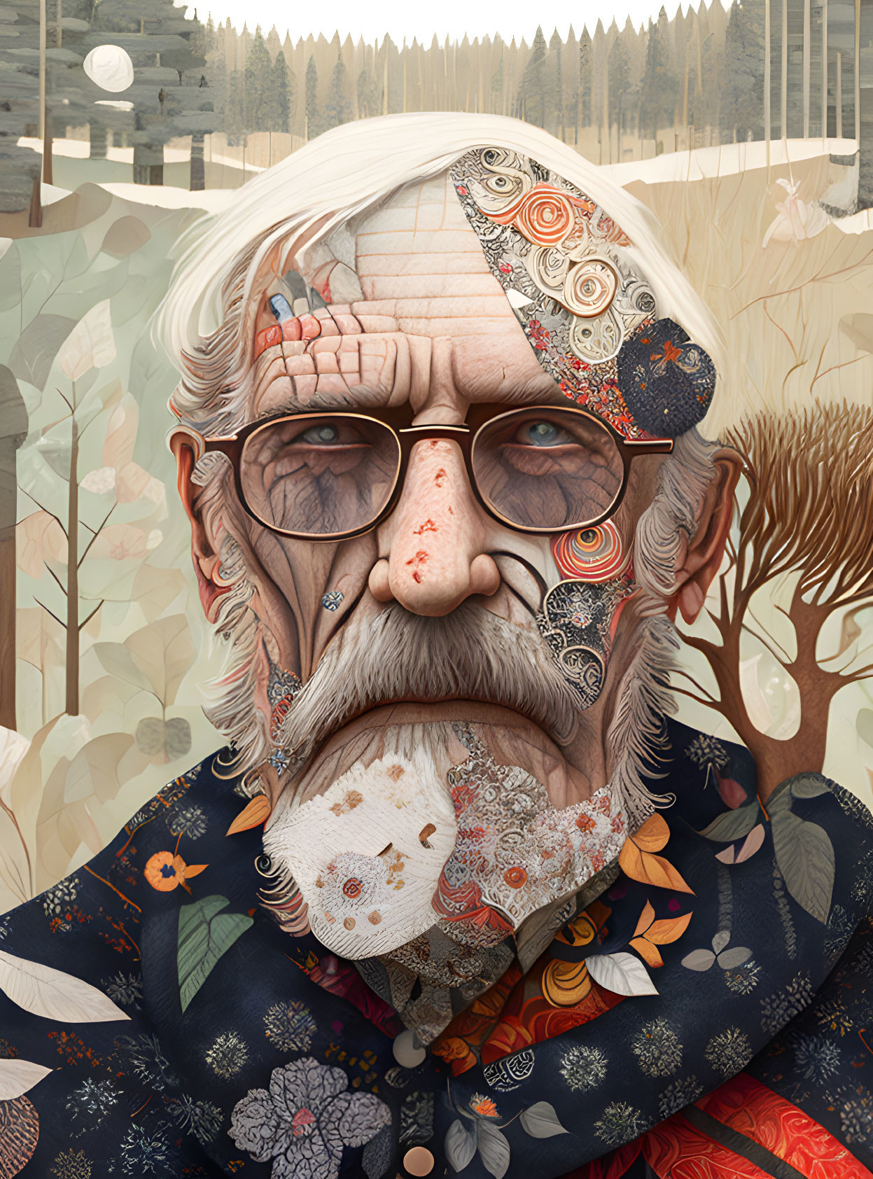 Elderly man with intricate patterns, trees, and industrial backdrop