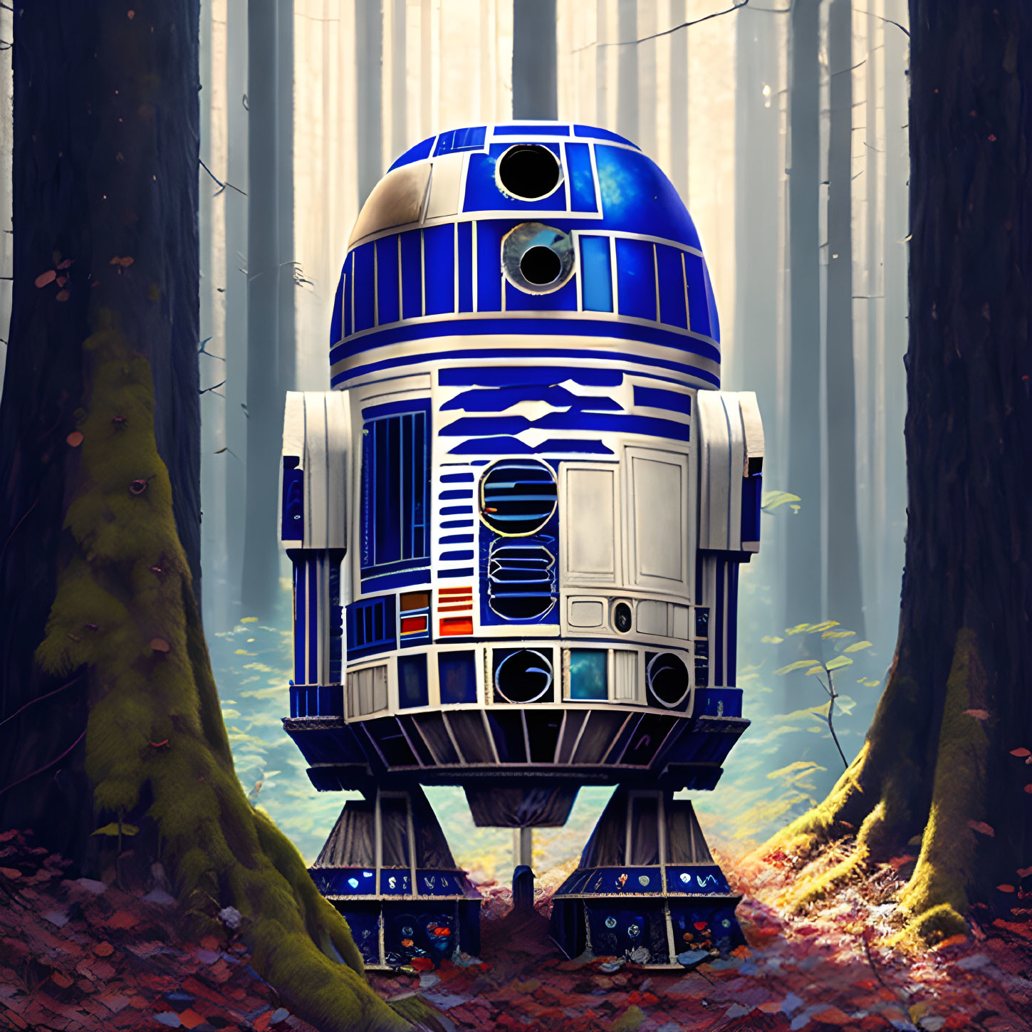 Digital illustration: R2-D2 in mystical forest with sunlight filtering through trees