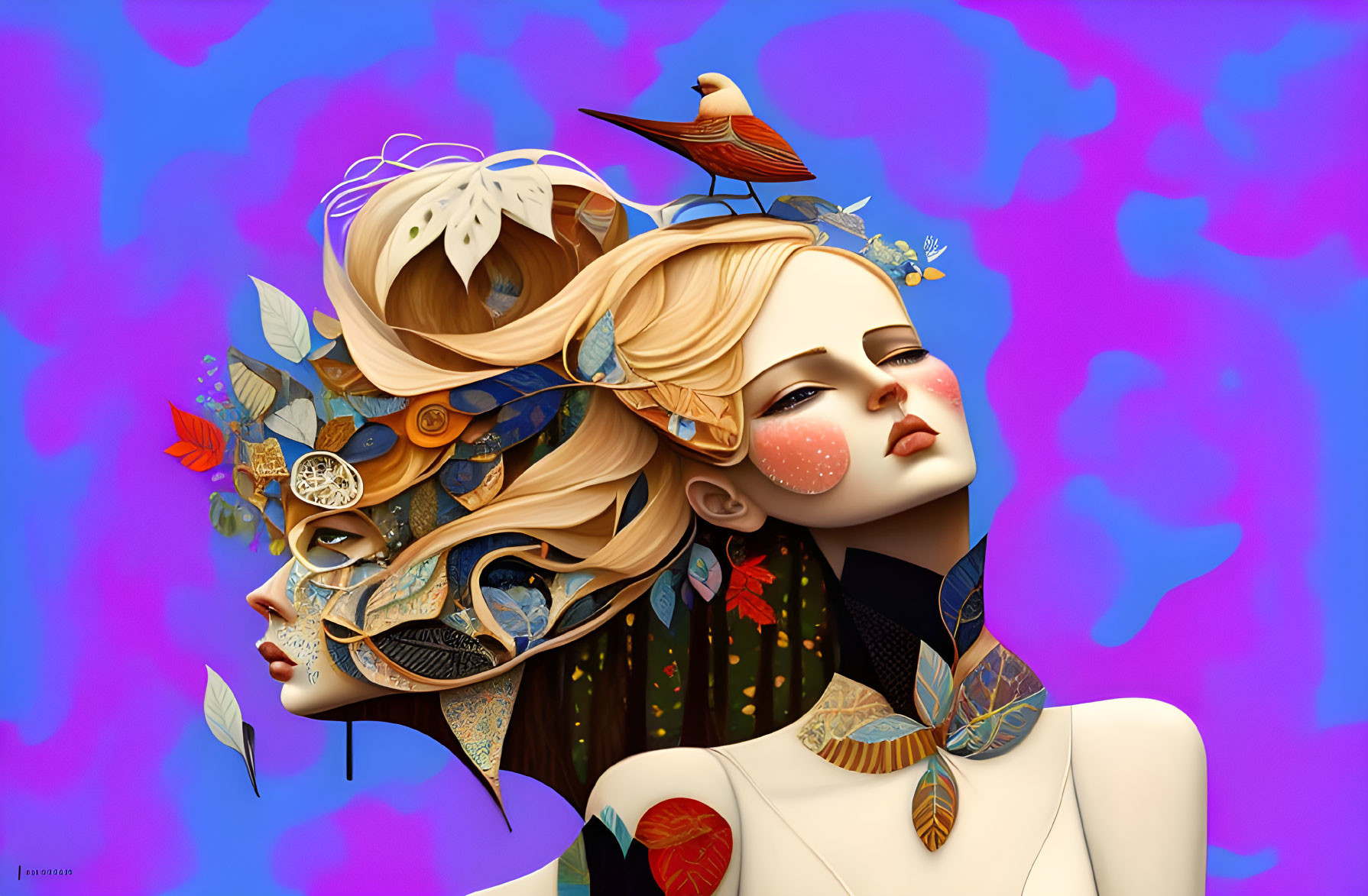 Stylized female portraits with ornate hair and nature accessories on pink and blue backdrop