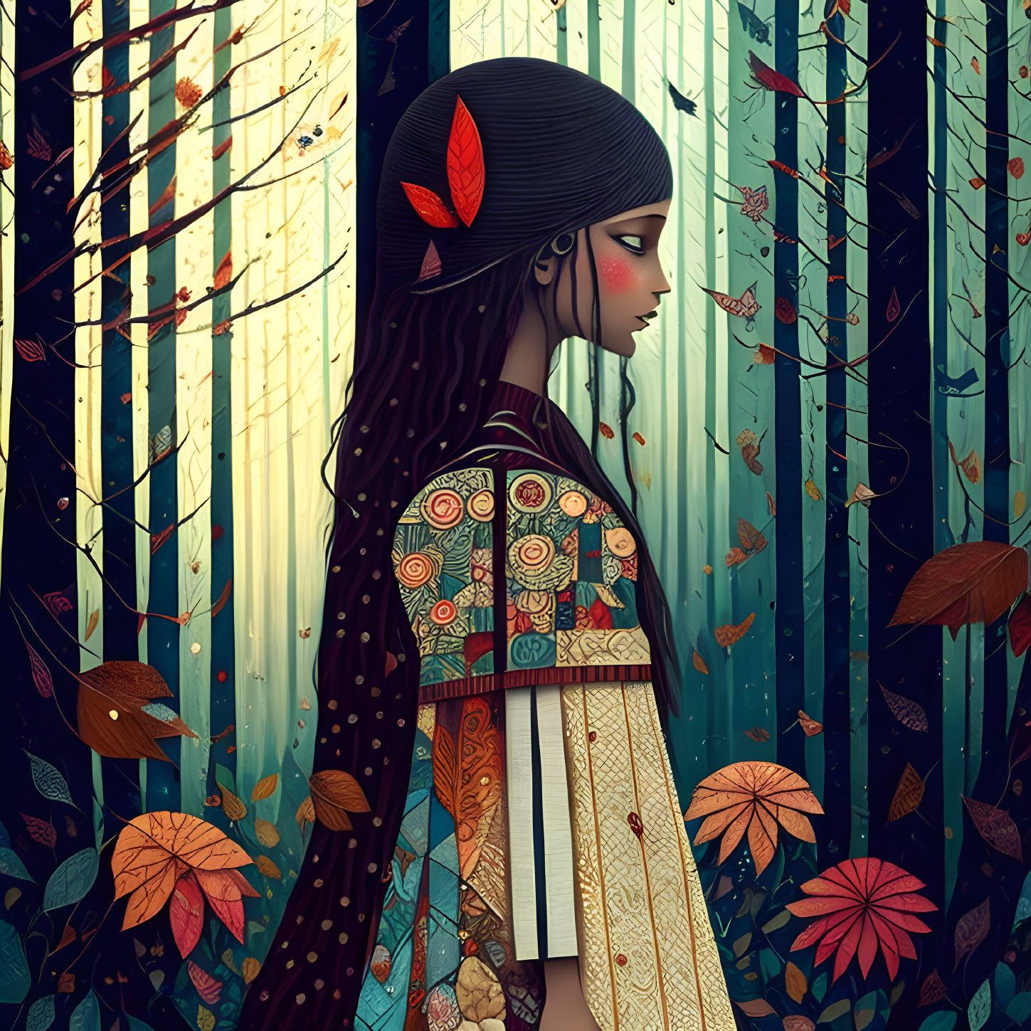 Stylized woman with red leaf in hair in fantastical forest illustration