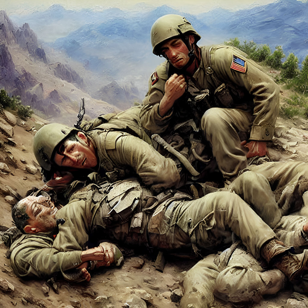 Injured soldier in combat gear on rugged terrain with mountain backdrop