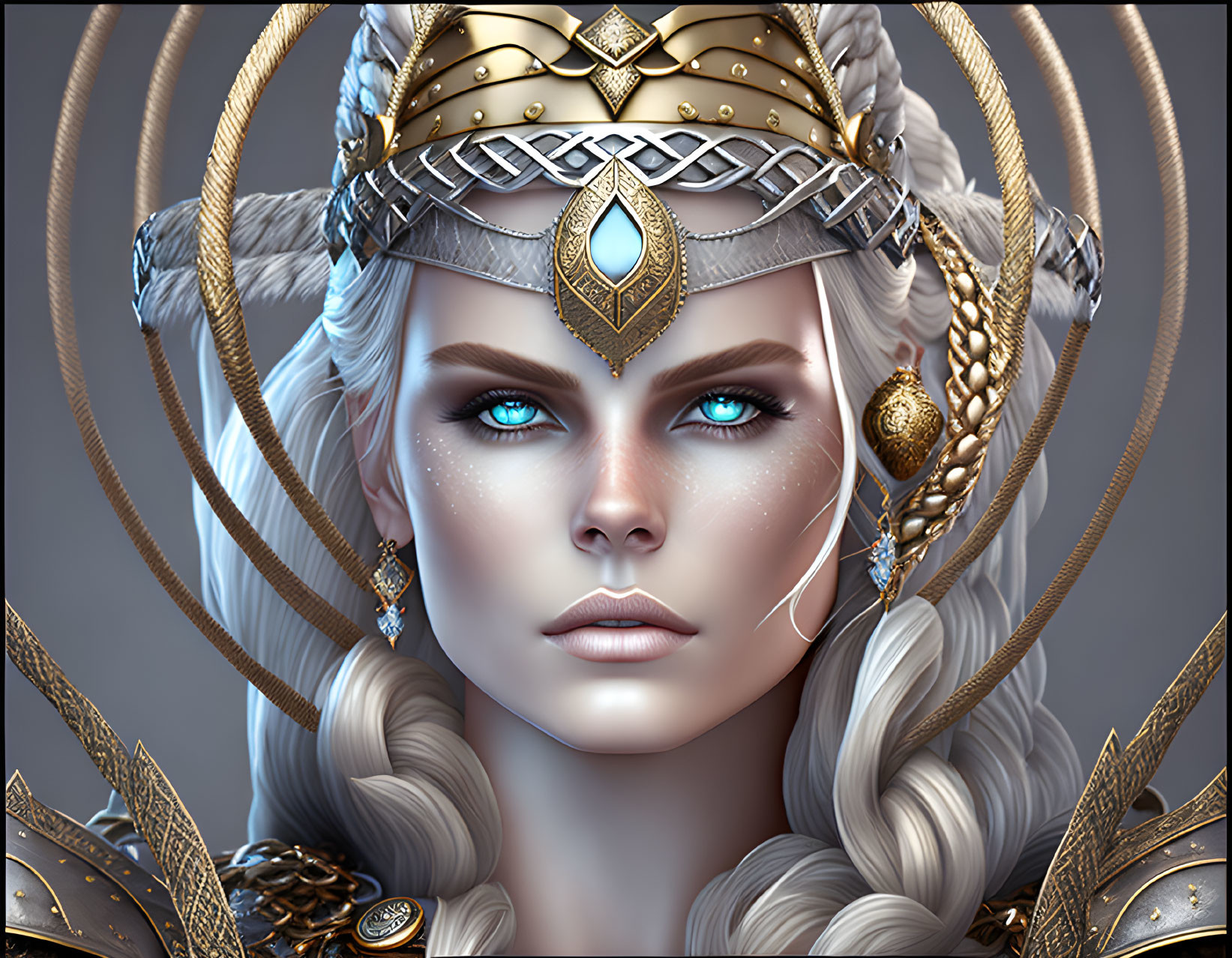 Fantasy Female Character with Blue Eyes in Golden Armor & Intricate Headdress