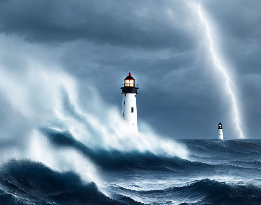 Lighthouse in the ocean during a storm