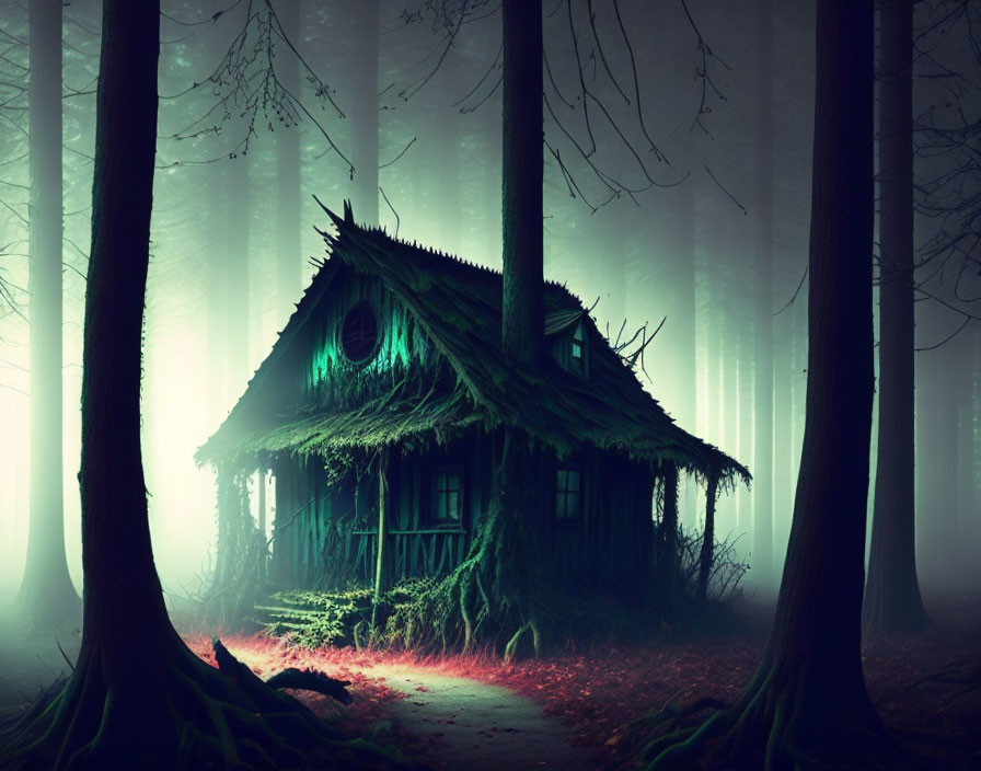 creepy shack in the dark forest