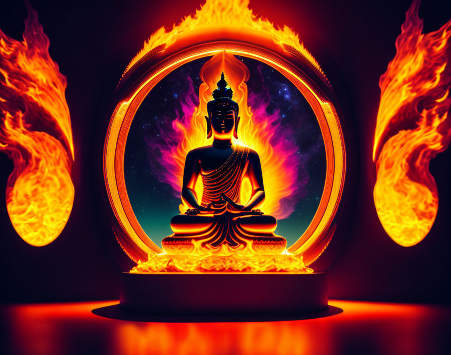 Flaming Buddha, accompanied by flaming hearts