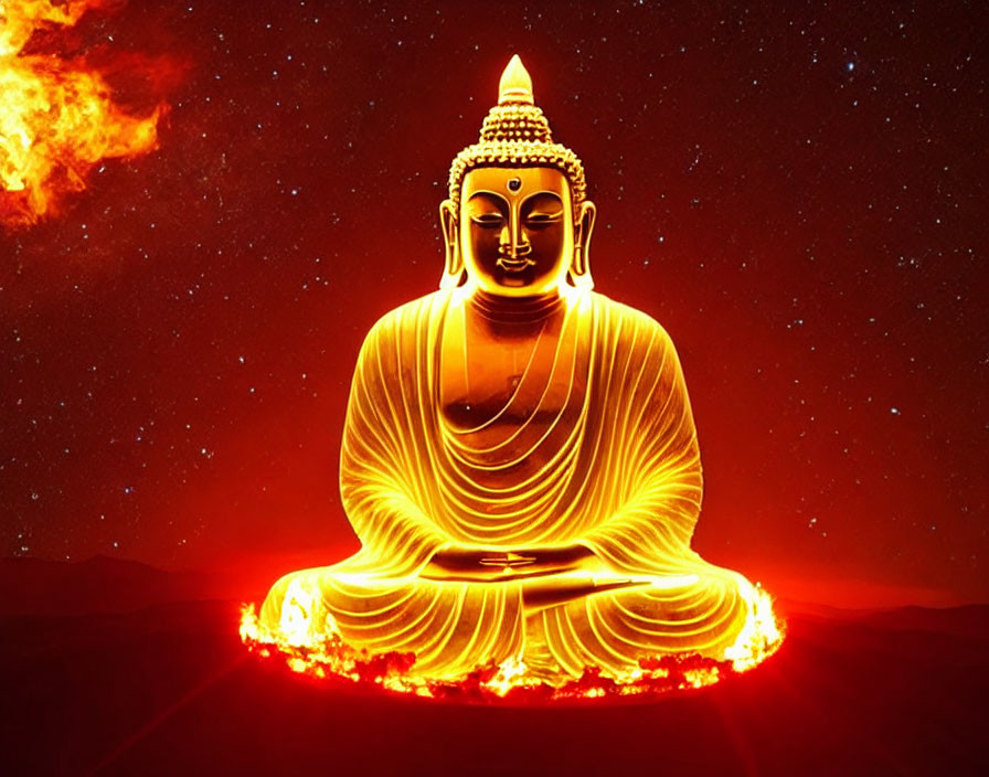 Buddha reflecting on embers, with solar flare