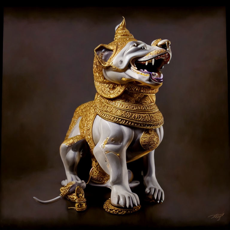 Golden mythical creature sculpture with lion-like body and elaborate headgear on dark backdrop