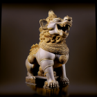 Golden mythical creature sculpture with lion-like body and elaborate headgear on dark backdrop