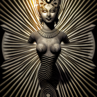 Golden statue of woman with radiant headdress and chest covering on starburst backdrop