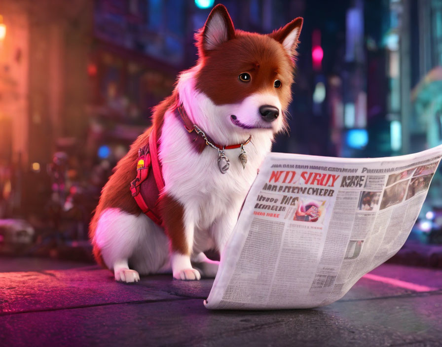 Brown and White Dog in Red Harness Reading Newspaper on City Street at Night