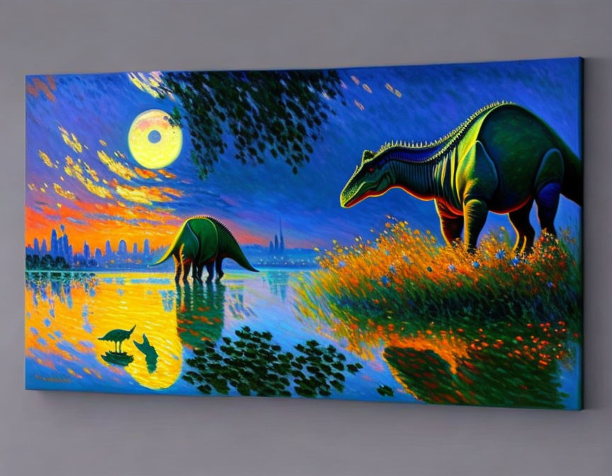 Colorful dinosaur painting with sunset, city skyline, and moon.
