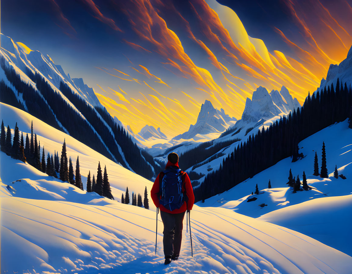 Hiker with red backpack on snowy trail among mountains at sunset