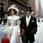 Vintage 1920s couple in elegant attire walking on city street