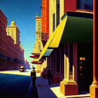 Urban street corner painting with bright facades and deep shadows