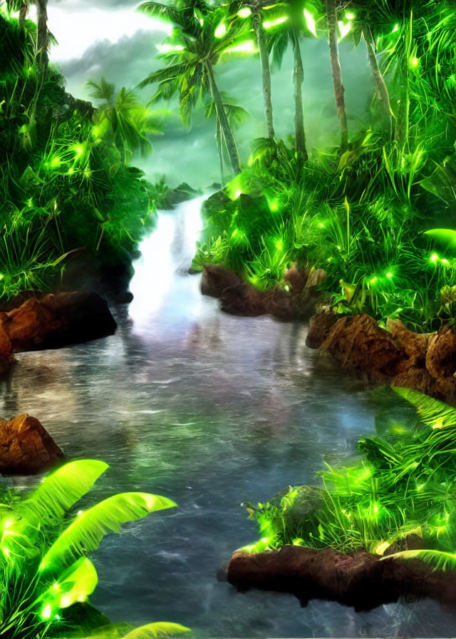 Tranquil Tropical Forest with River and Green Lights