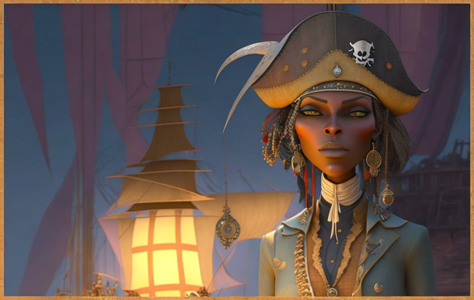 Female pirate with tricorn hat and skull emblem against sunset backdrop.