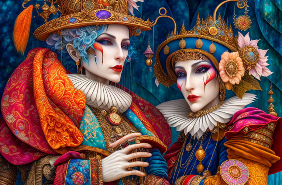 Fantastical Female Figures in Ornate Headdresses and Regal Costumes