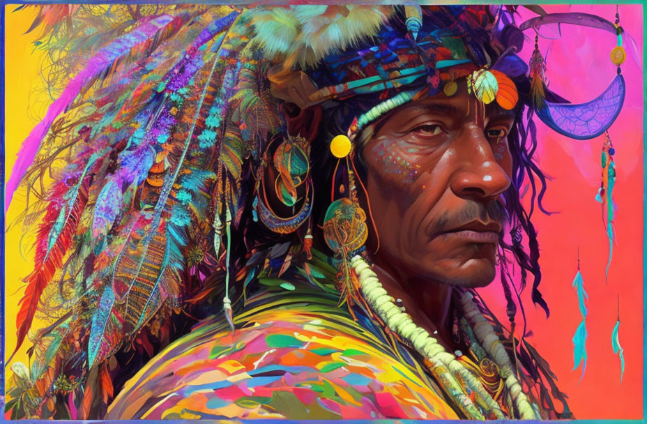 Colorful Native American man portrait with feathered headdress and dreamcatcher against abstract backdrop