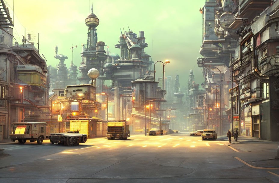 Futuristic city street at dusk with towering buildings, vehicles, and pedestrians