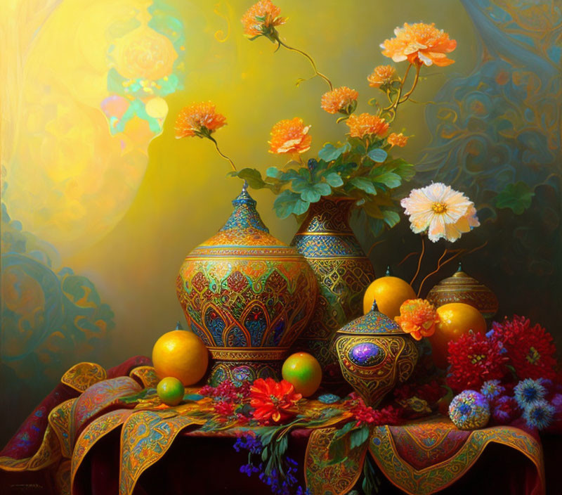 Vibrant Still Life: Ornate Vases, Flowers, Drapery, and Fruit on