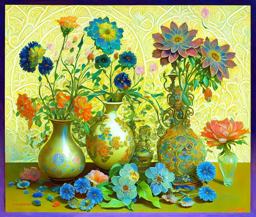 Colorful Flower Filled Vases on Yellow Patterned Background