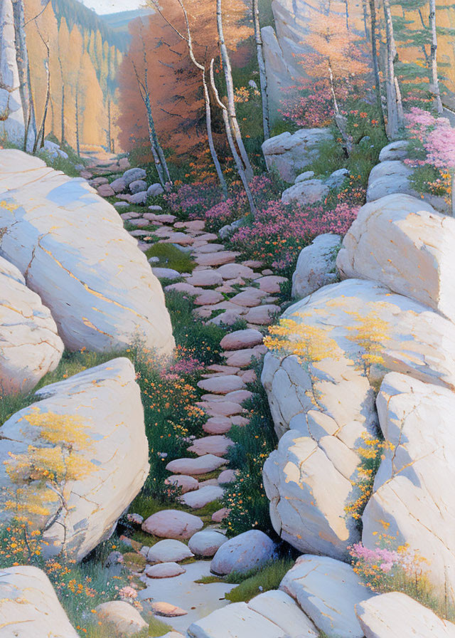Tranquil forest path with rounded stones and pink wildflowers