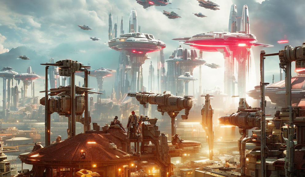 Futuristic cityscape with skyscrapers, flying vehicles, and machinery under a hazy,