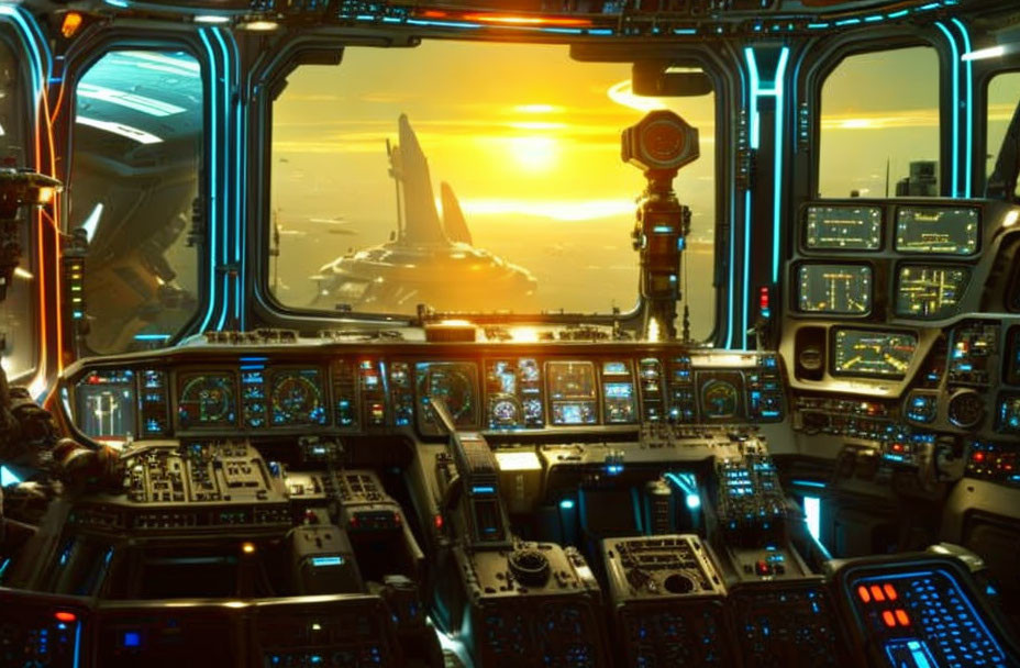 Futuristic spaceship cockpit with advanced control panels and sunrise view