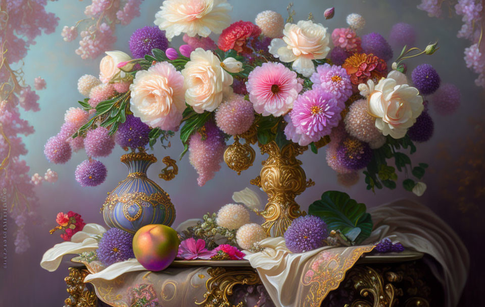 Luxurious still-life painting of roses, peonies, and peach in gold vase