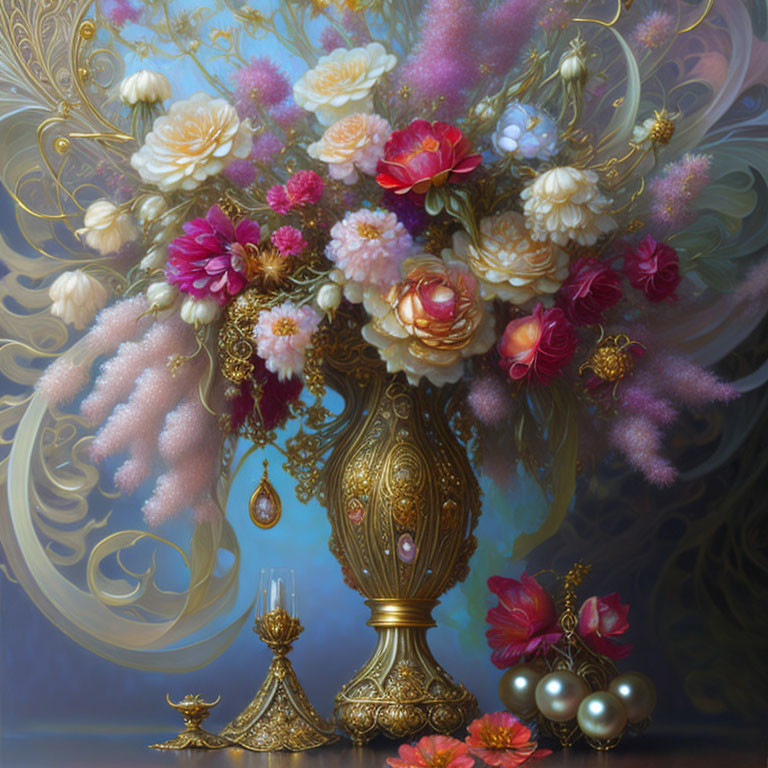 Golden vase with lush flowers, candlestick, and pearls on soft background