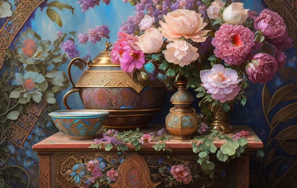 Floral arrangement with peonies and teapot on blue tapestry
