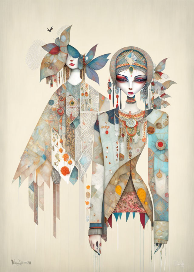 Ornate geometric winged figures in soft-hued whimsical artwork