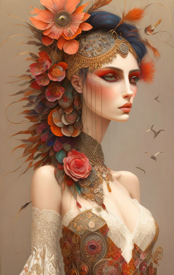 Woman with Floral Headdress: Rich Colors & Details