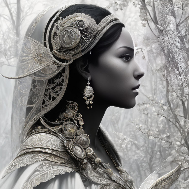 Monochrome portrait of woman with metallic headgear in mystical forest