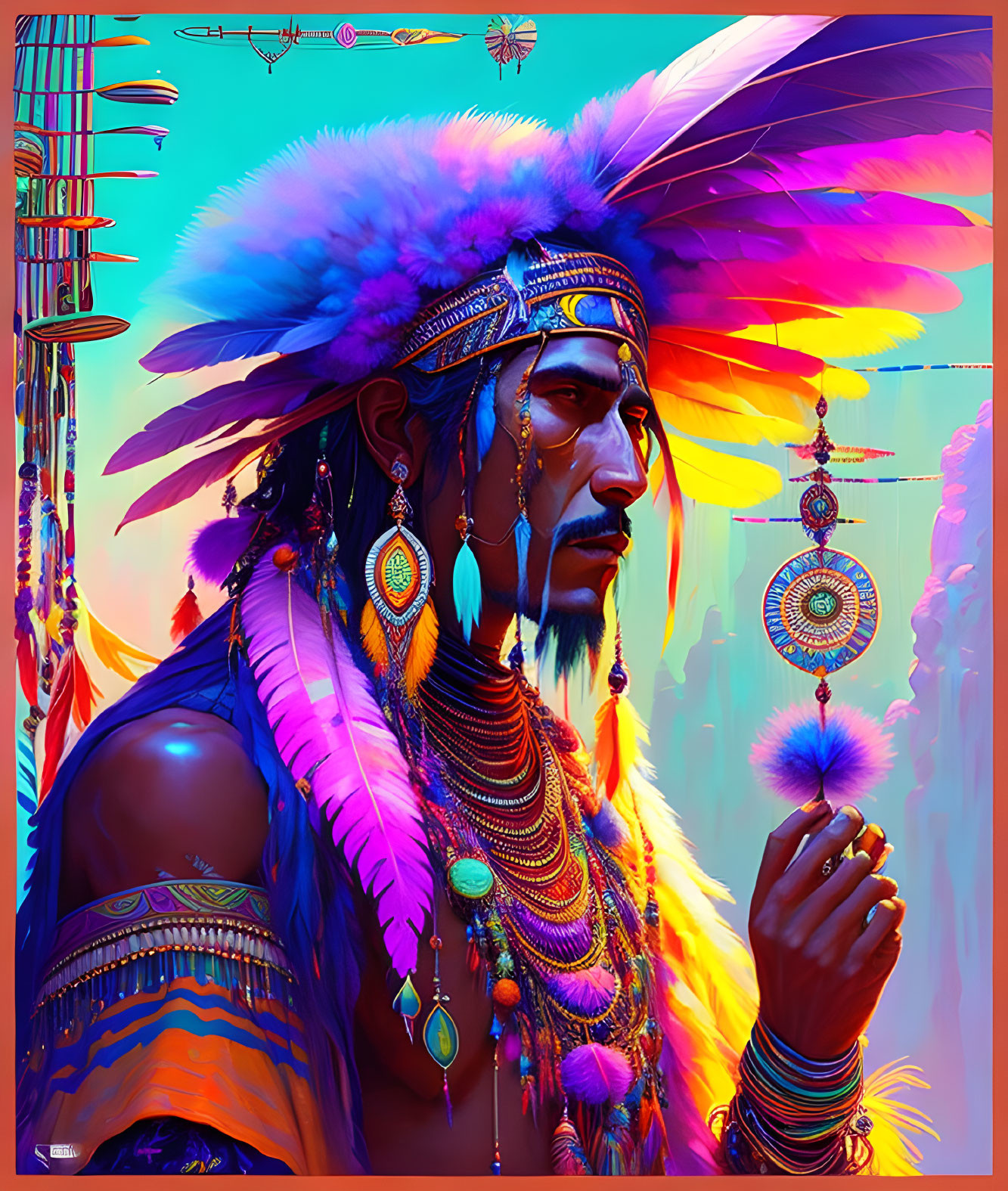 Vibrant Native American figure in traditional attire with spiritual aura