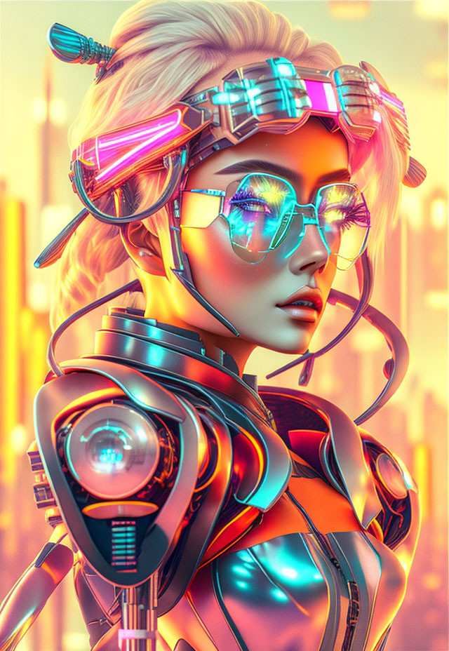 Detailed Female Cyborg with Neon Highlights in Urban Skyline Setting
