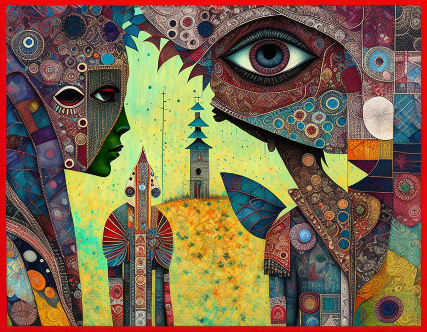 Colorful artwork with stylized faces, intricate patterns, all-seeing eye, and whimsical architecture