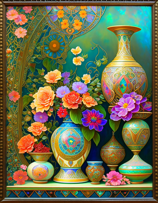 Colorful flower and vase still life on paisley background