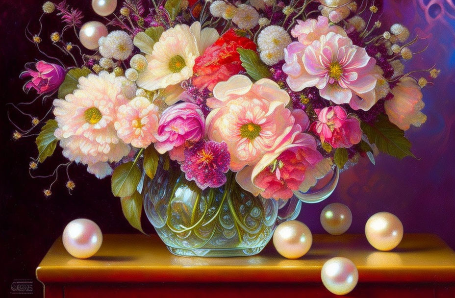 Colorful Flowers in Glass Vase with Pearls on Reflective Surface