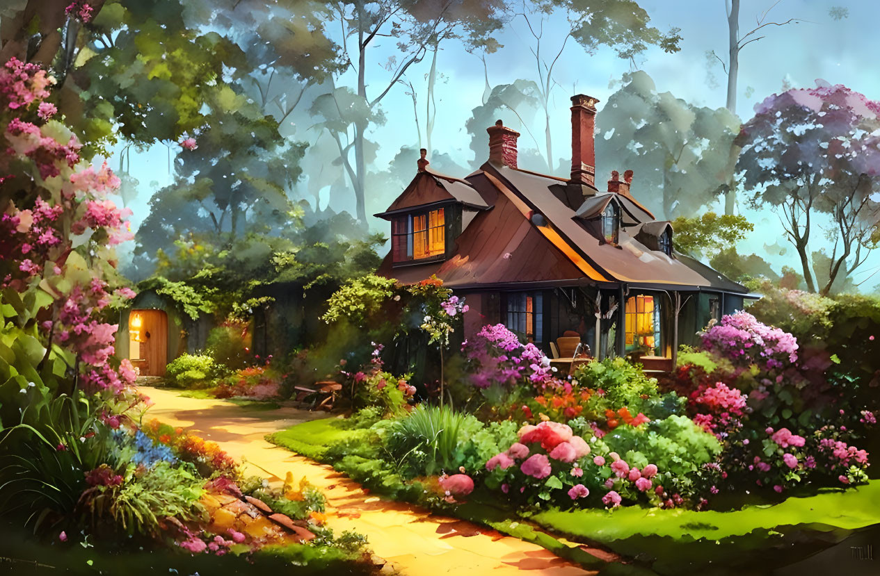Charming cottage with chimneys in lush garden and misty forest landscape