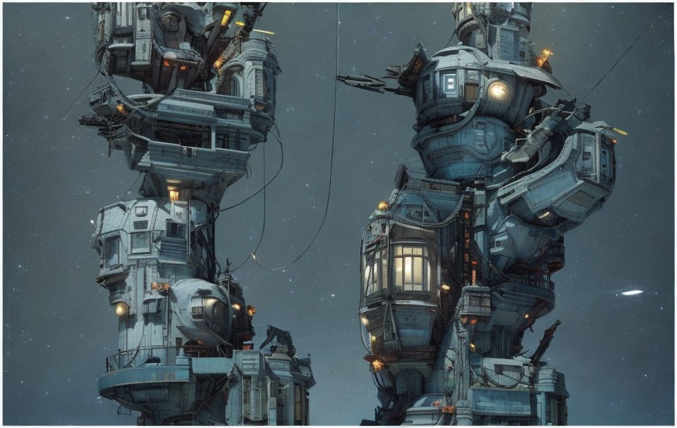 Digital artwork: Intricate futuristic robot-like structures in dusky sky