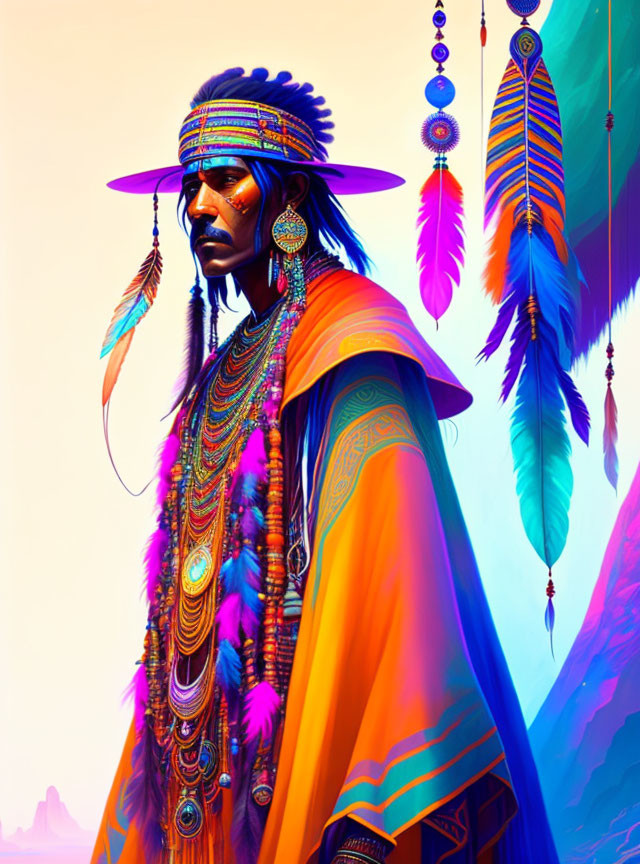 Colorful Native American illustration with feathered headdress and traditional attire