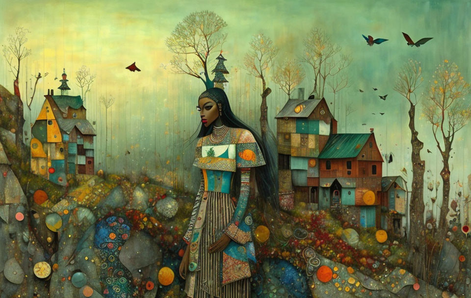 Surreal forest illustration with woman in elaborate attire and whimsical houses