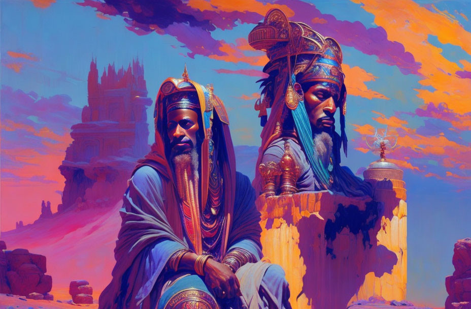 Royal figures in majestic attire against surreal backdrop with vibrant sky and fantastical architecture