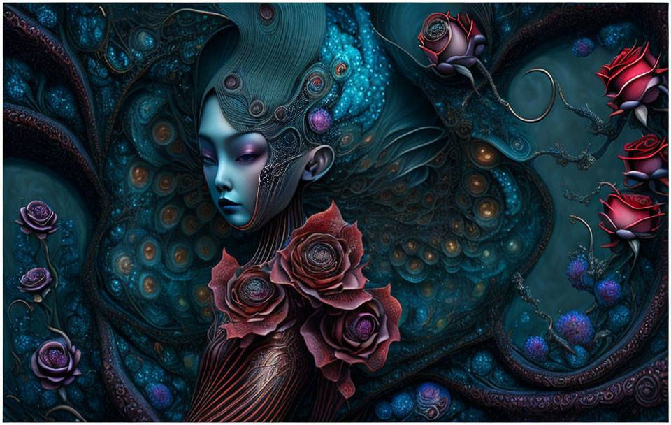 Surreal blue-skinned female figure with floral and peacock feather adornments surrounded by dark roses