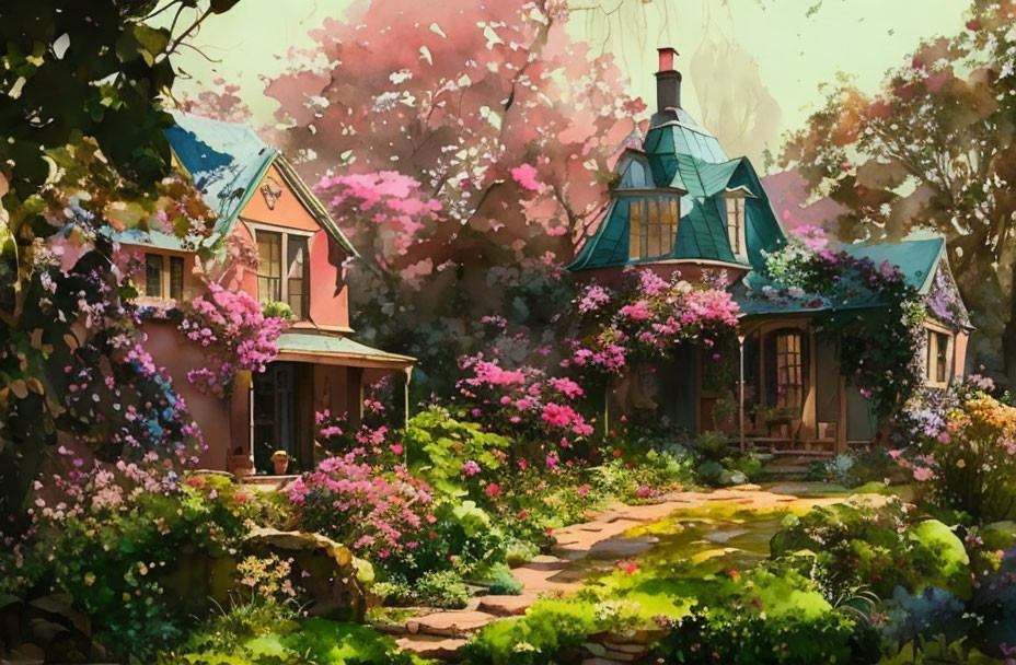 Charming cottages in lush garden setting with blooming flowers.